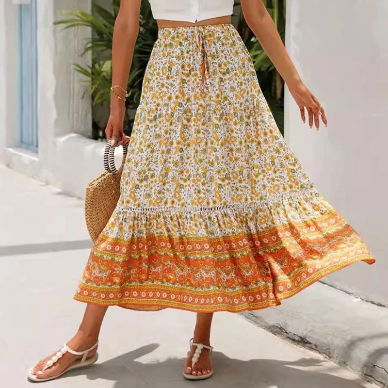 Olivenorma Boho-Maxikleid mit Blumenmuster, hoher Taille und Stufenrock für Damen