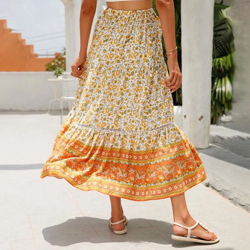 Olivenorma Boho-Maxikleid mit Blumenmuster, hoher Taille und Stufenrock für Damen