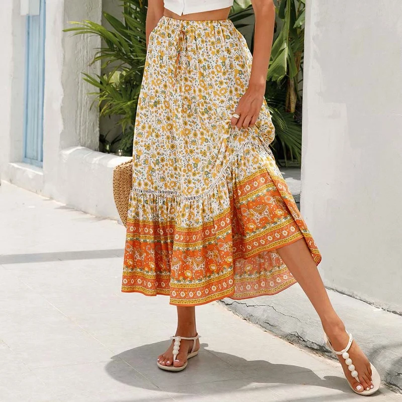 Olivenorma Boho-Maxikleid mit Blumenmuster, hoher Taille und Stufenrock für Damen