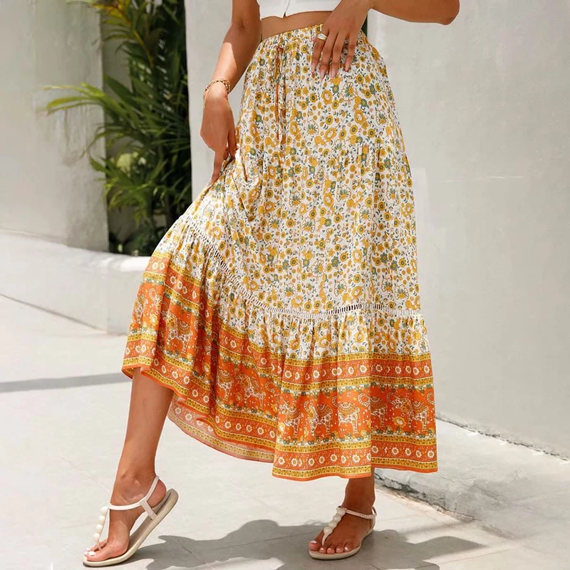Olivenorma Boho-Maxikleid mit Blumenmuster, hoher Taille und Stufenrock für Damen