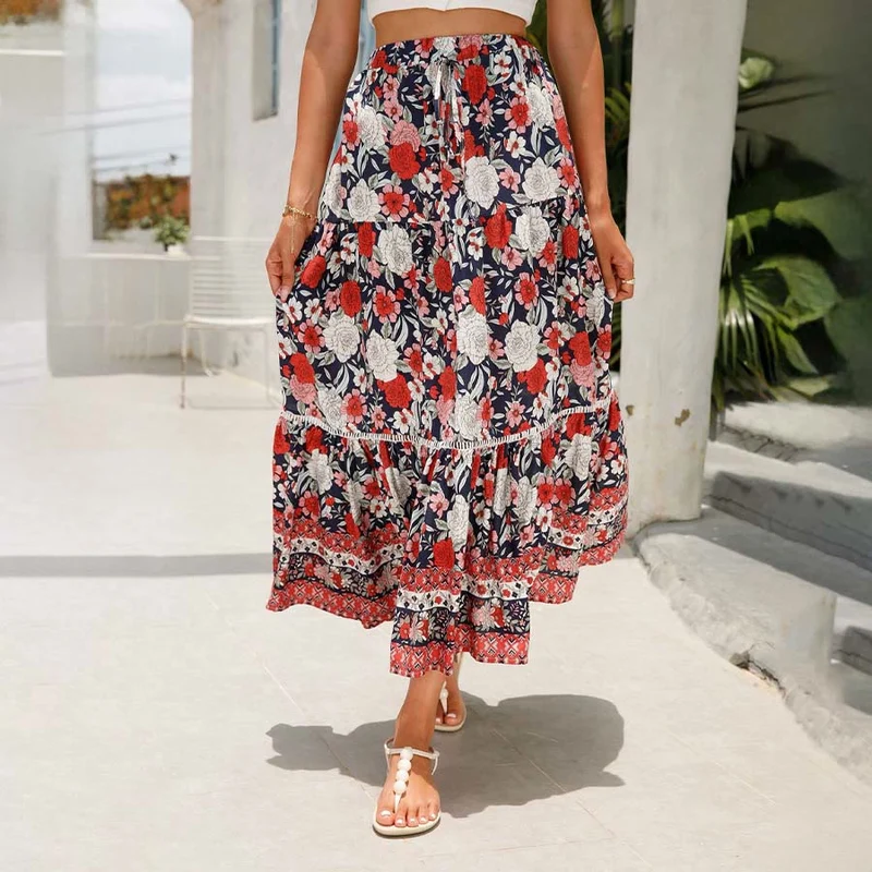Olivenorma Boho-Maxikleid mit Blumenmuster, hoher Taille und Stufenrock für Damen