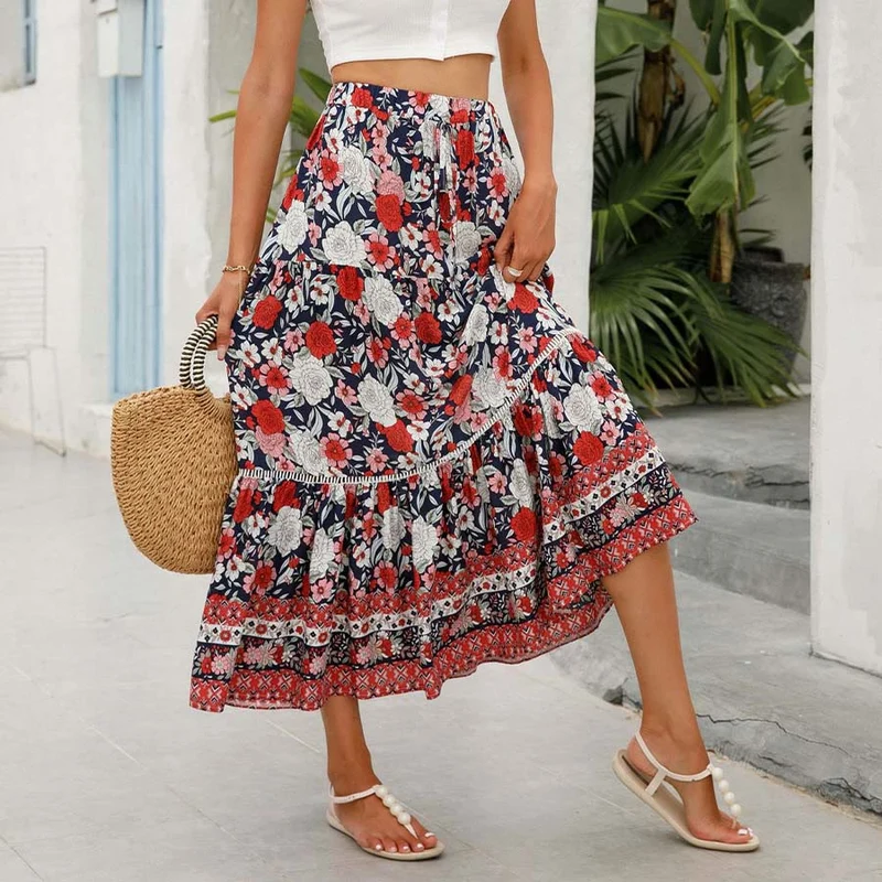 Olivenorma Boho-Maxikleid mit Blumenmuster, hoher Taille und Stufenrock für Damen