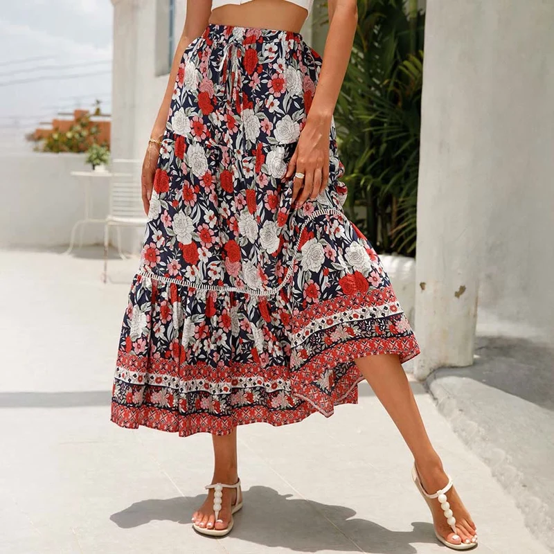 Olivenorma Boho-Maxikleid mit Blumenmuster, hoher Taille und Stufenrock für Damen