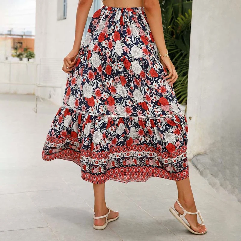 Olivenorma Boho-Maxikleid mit Blumenmuster, hoher Taille und Stufenrock für Damen