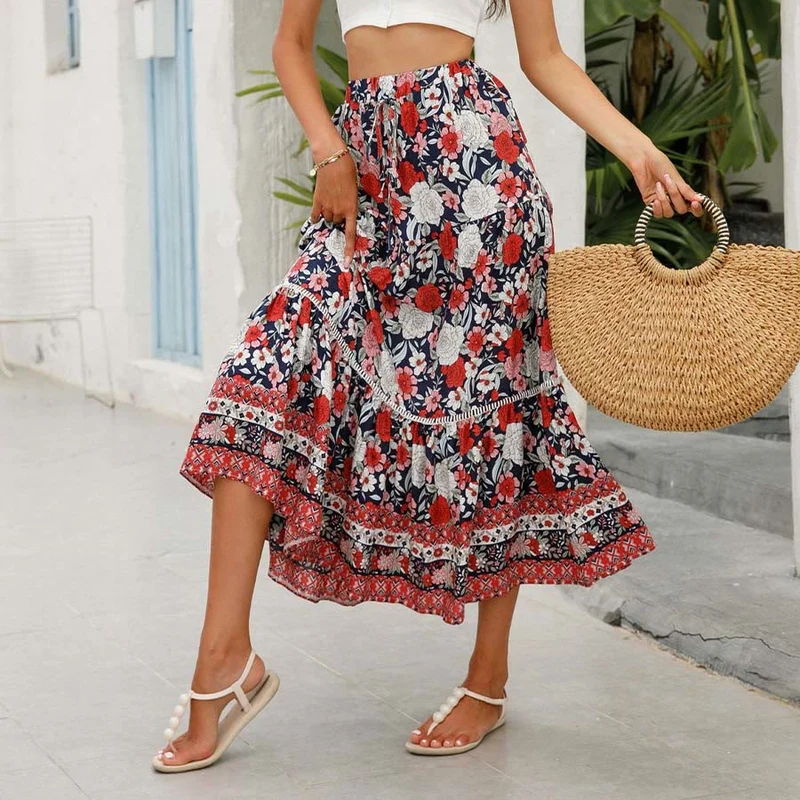 Olivenorma Boho-Maxikleid mit Blumenmuster, hoher Taille und Stufenrock für Damen