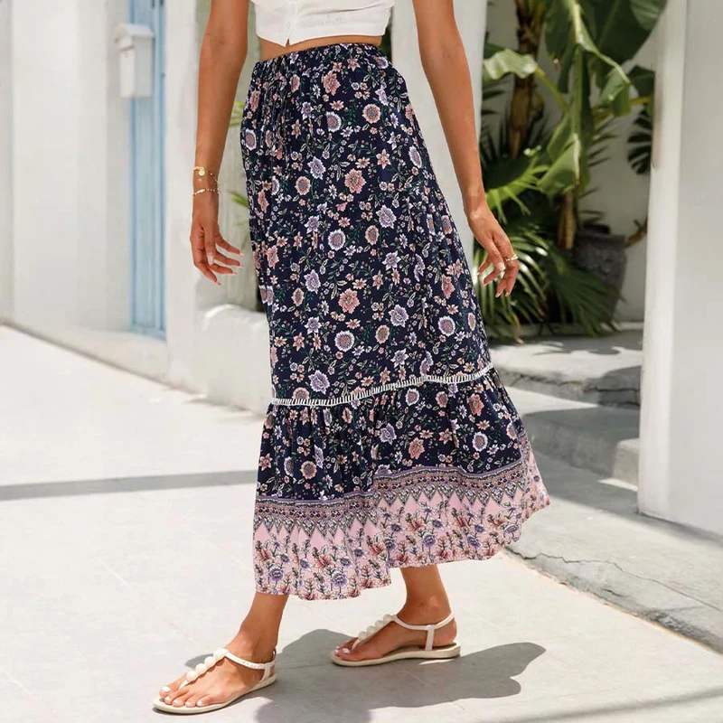 Olivenorma Boho-Maxikleid mit Blumenmuster, hoher Taille und Stufenrock für Damen