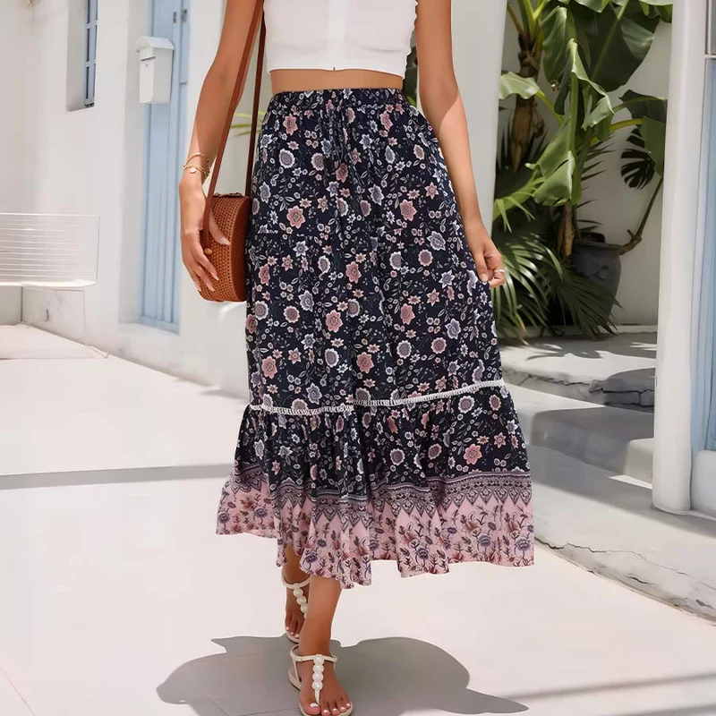 Olivenorma Boho-Maxikleid mit Blumenmuster, hoher Taille und Stufenrock für Damen