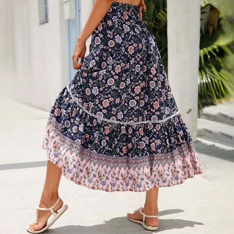Olivenorma Boho-Maxikleid mit Blumenmuster, hoher Taille und Stufenrock für Damen