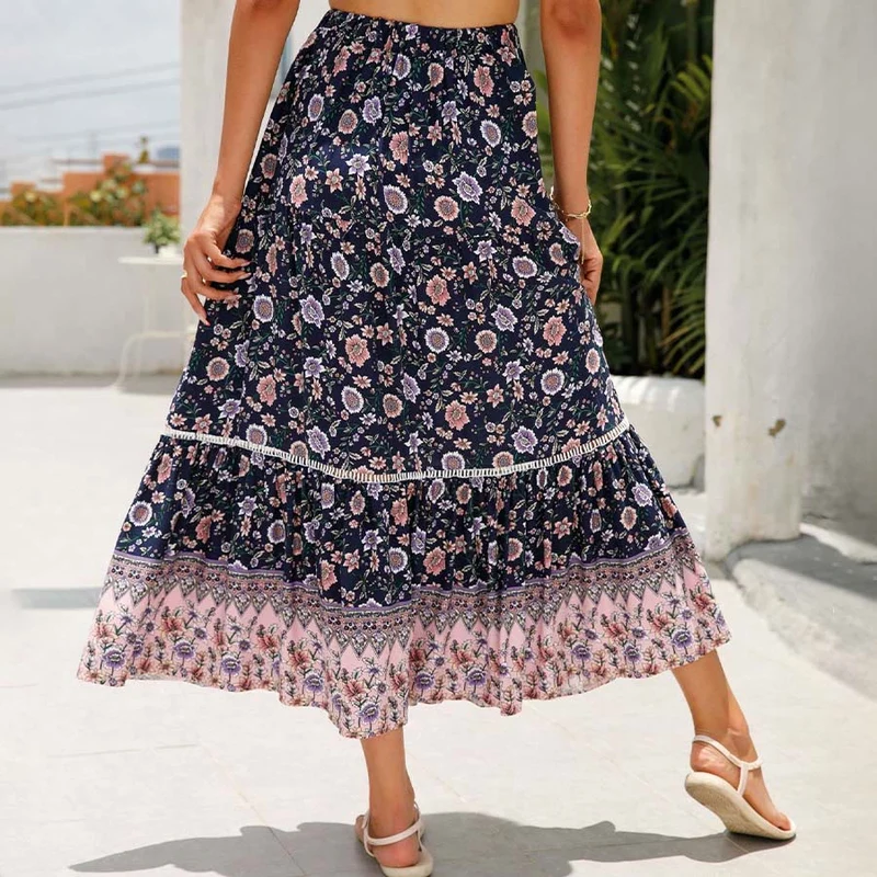 Olivenorma Boho-Maxikleid mit Blumenmuster, hoher Taille und Stufenrock für Damen
