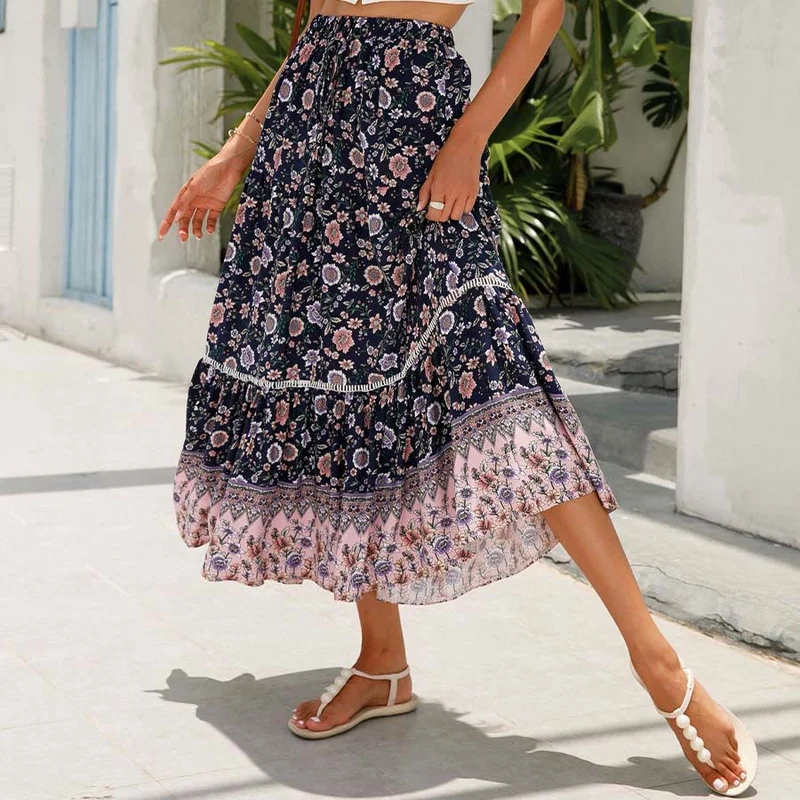 Olivenorma Boho-Maxikleid mit Blumenmuster, hoher Taille und Stufenrock für Damen