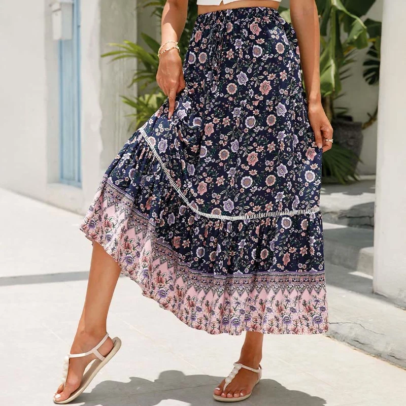 Olivenorma Boho-Maxikleid mit Blumenmuster, hoher Taille und Stufenrock für Damen