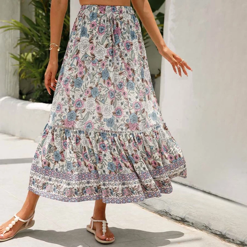Olivenorma Boho-Maxikleid mit Blumenmuster, hoher Taille und Stufenrock für Damen