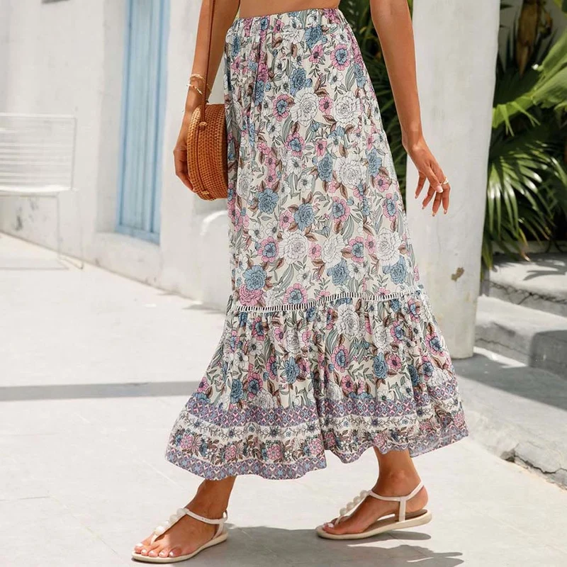 Olivenorma Boho-Maxikleid mit Blumenmuster, hoher Taille und Stufenrock für Damen