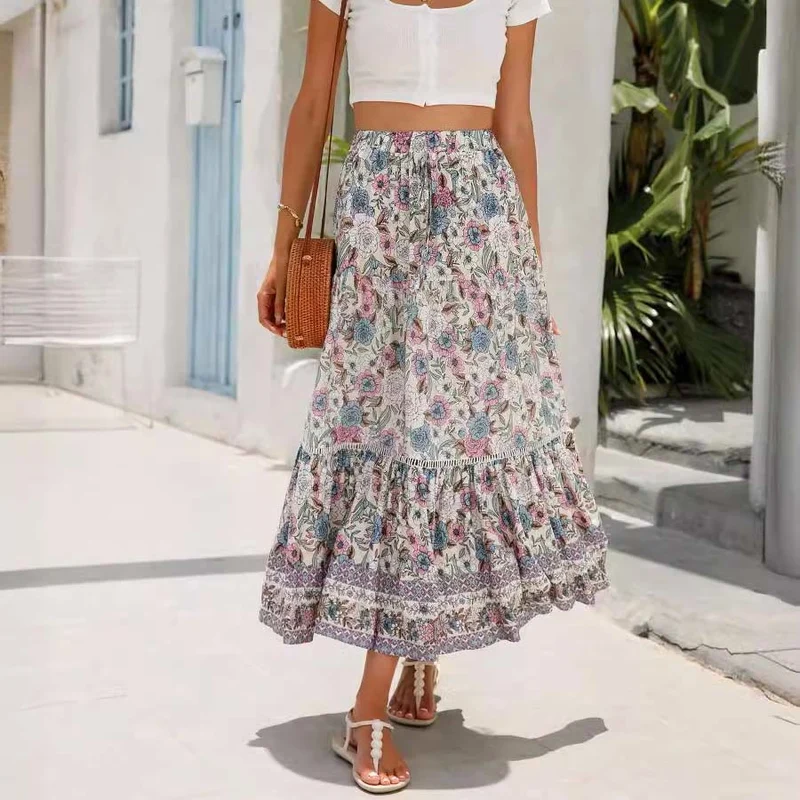 Olivenorma Boho-Maxikleid mit Blumenmuster, hoher Taille und Stufenrock für Damen