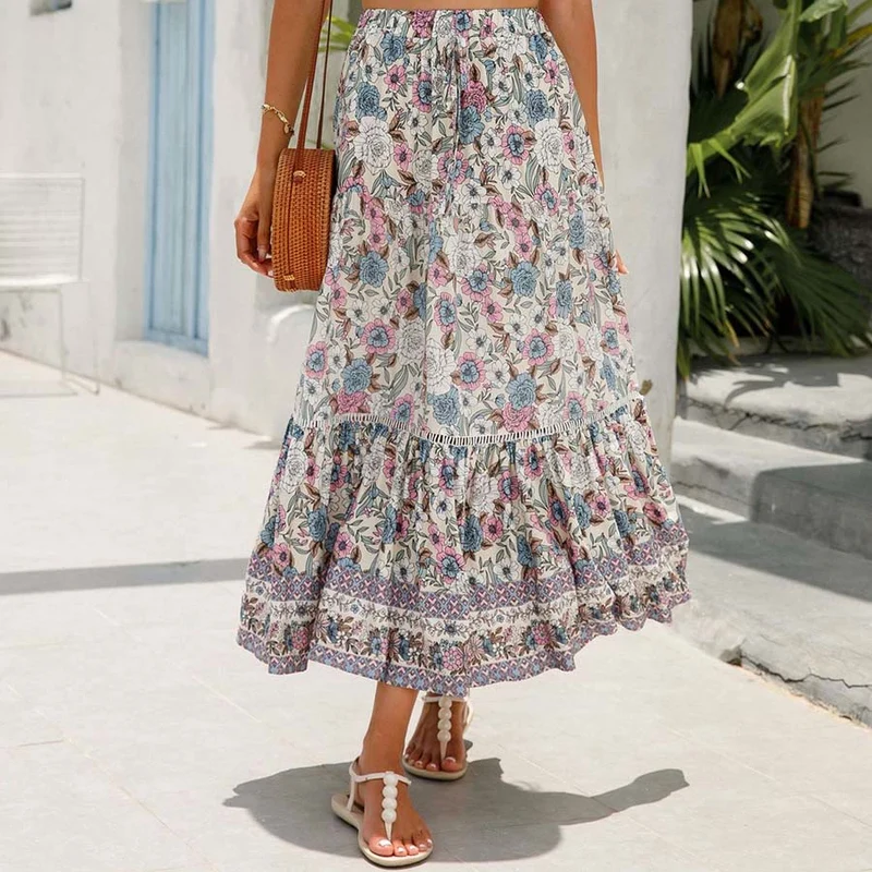 Olivenorma Boho-Maxikleid mit Blumenmuster, hoher Taille und Stufenrock für Damen