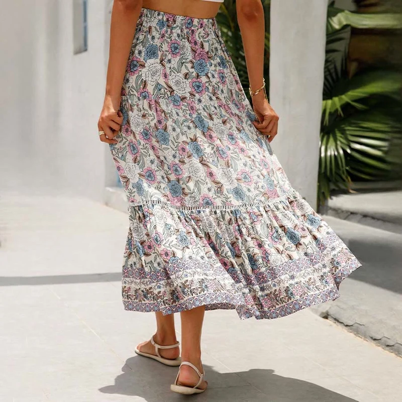 Olivenorma Boho-Maxikleid mit Blumenmuster, hoher Taille und Stufenrock für Damen