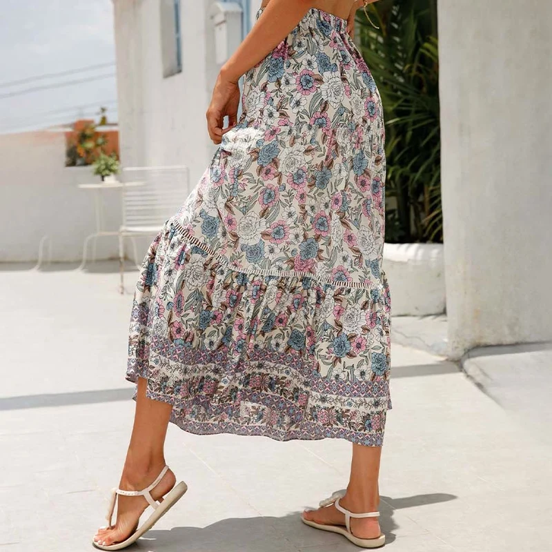 Olivenorma Boho-Maxikleid mit Blumenmuster, hoher Taille und Stufenrock für Damen
