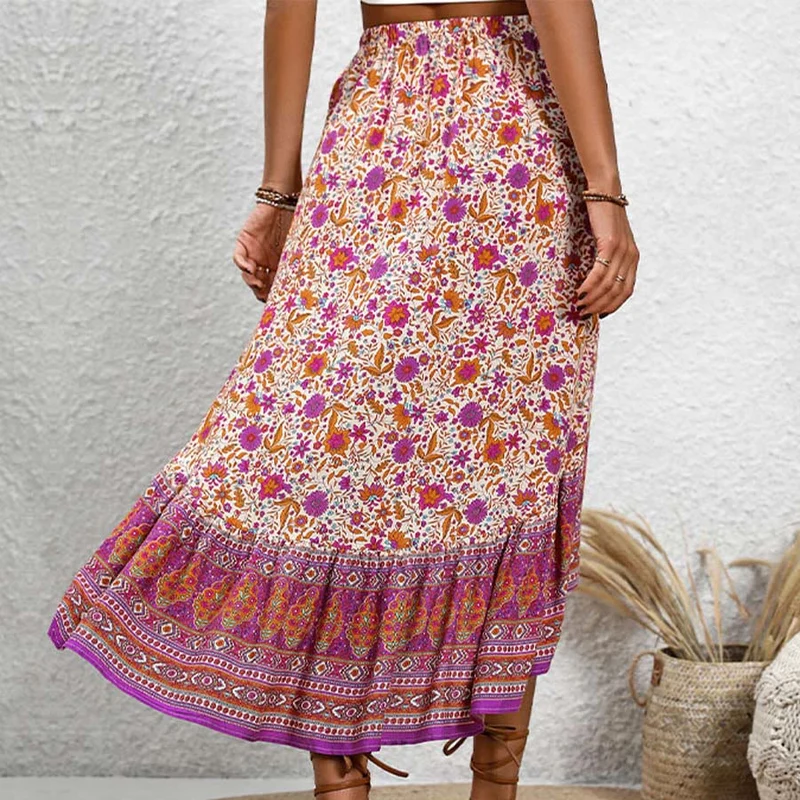 Olivenorma Boho-Maxikleid mit Blumenmuster, hoher Taille und Stufenrock, asymmetrischem Saum für Damen