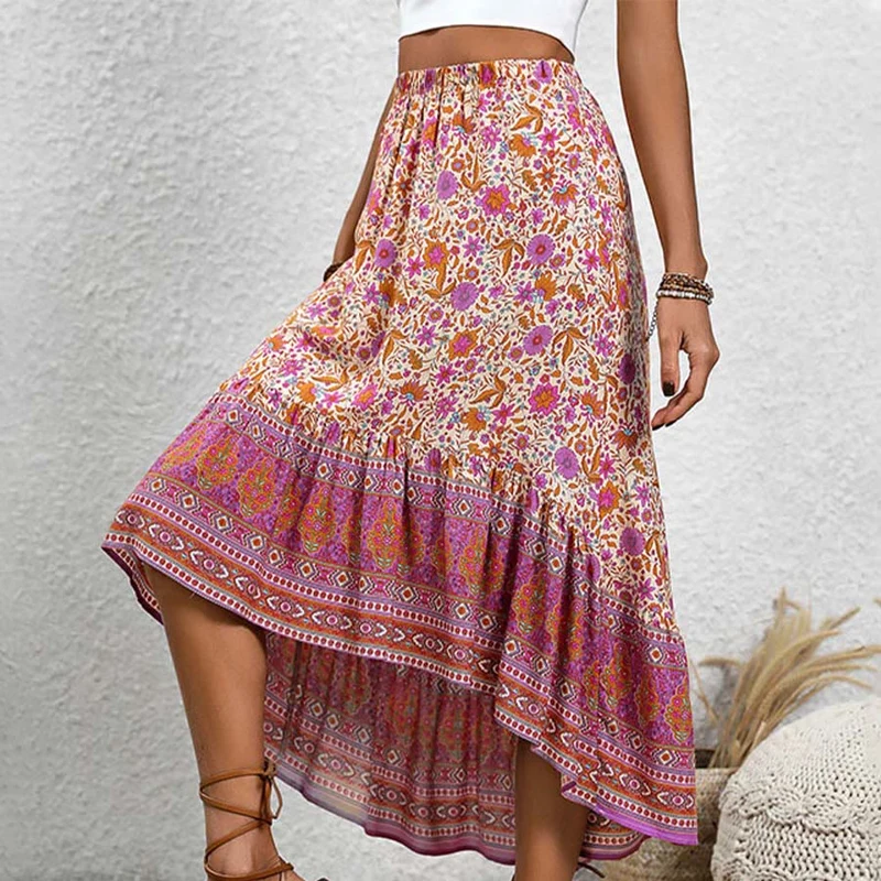 Olivenorma Boho-Maxikleid mit Blumenmuster, hoher Taille und Stufenrock, asymmetrischem Saum für Damen