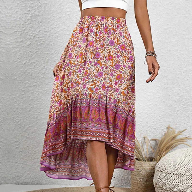 Olivenorma Boho-Maxikleid mit Blumenmuster, hoher Taille und Stufenrock, asymmetrischem Saum für Damen