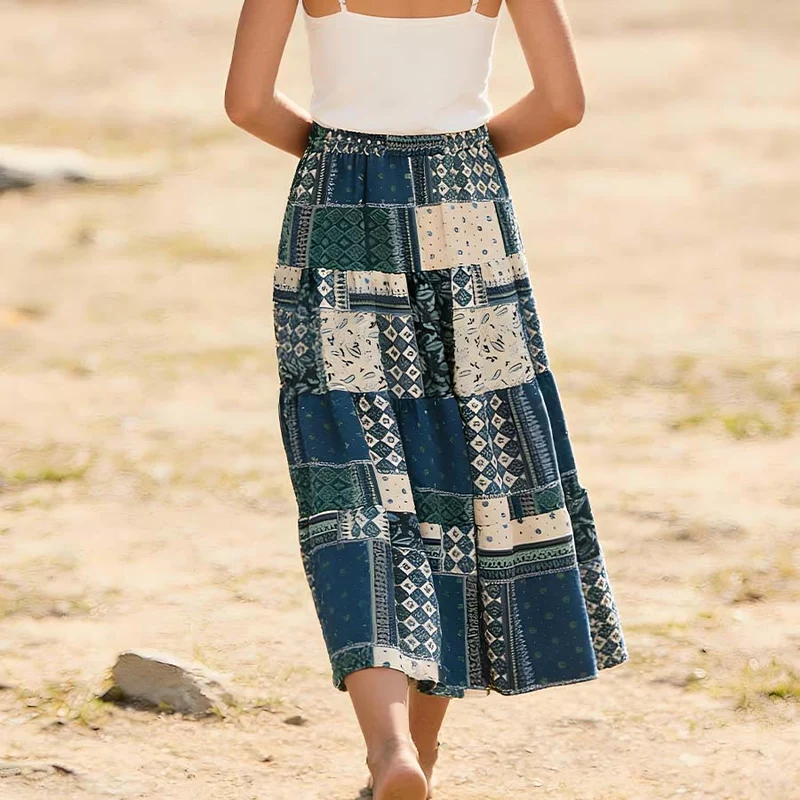 Olivenorma Boho-Maxikleid mit Paisley-Patchwork-Print, hoher Taille und Stufenrock für Damen