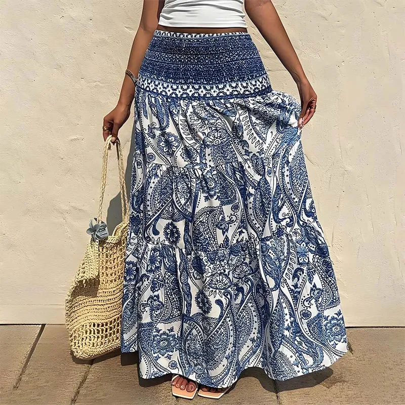 Olivenorma Boho-Maxikleid mit Paisley-Print, hoher Taille, gerafftem Saum und Stufenrock für Damen