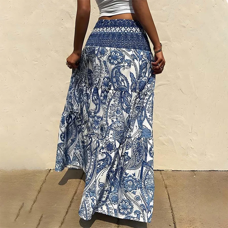 Olivenorma Boho-Maxikleid mit Paisley-Print, hoher Taille, gerafftem Saum und Stufenrock für Damen