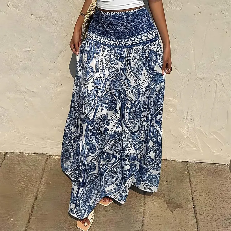 Olivenorma Boho-Maxikleid mit Paisley-Print, hoher Taille, gerafftem Saum und Stufenrock für Damen