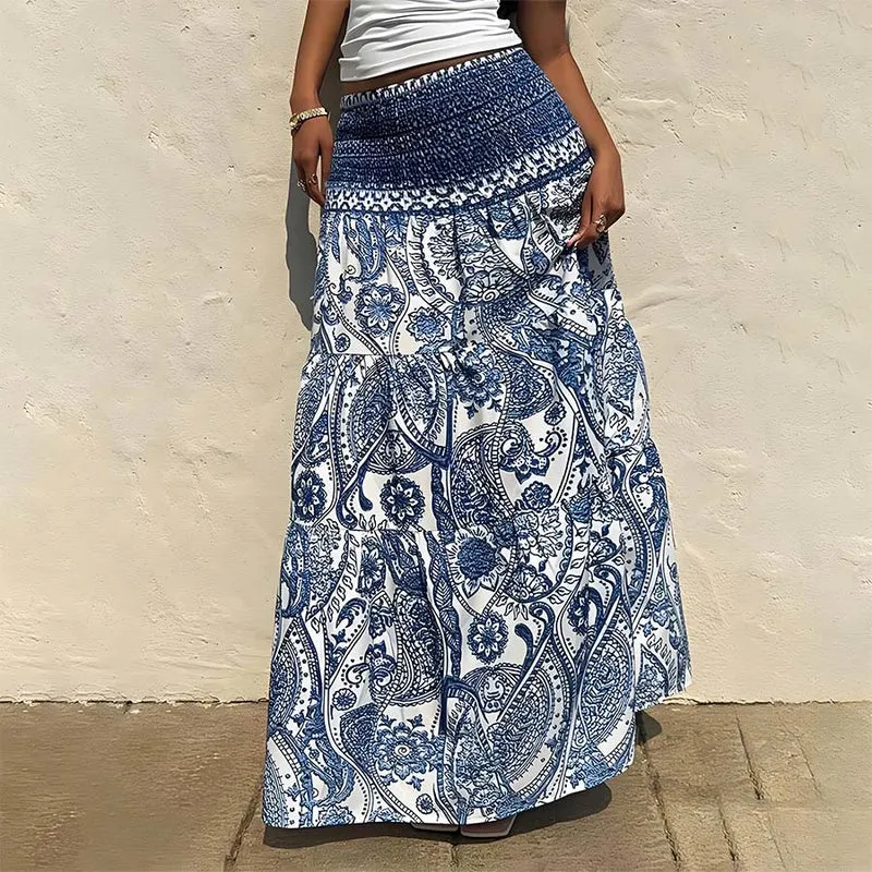 Olivenorma Boho-Maxikleid mit Paisley-Print, hoher Taille, gerafftem Saum und Stufenrock für Damen