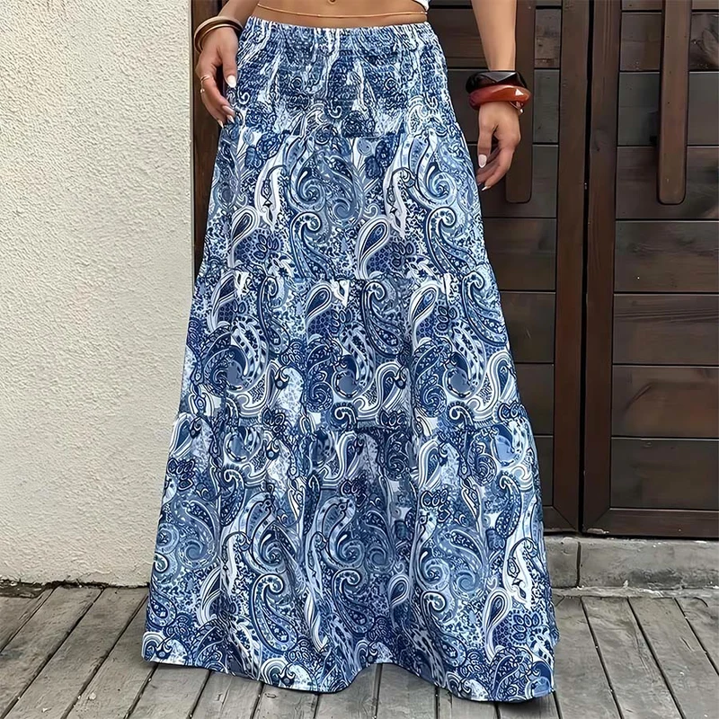 Olivenorma Boho-Maxikleid mit Paisley-Print, hoher Taille, gerafftem Saum und Stufenrock für Damen