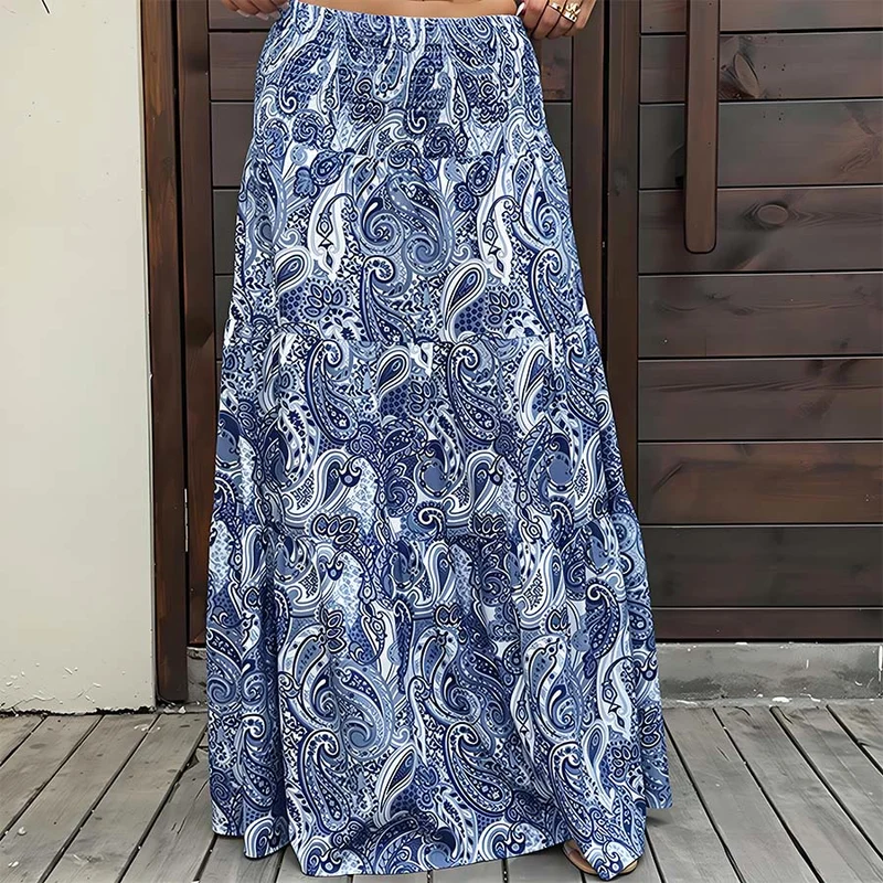 Olivenorma Boho-Maxikleid mit Paisley-Print, hoher Taille, gerafftem Saum und Stufenrock für Damen