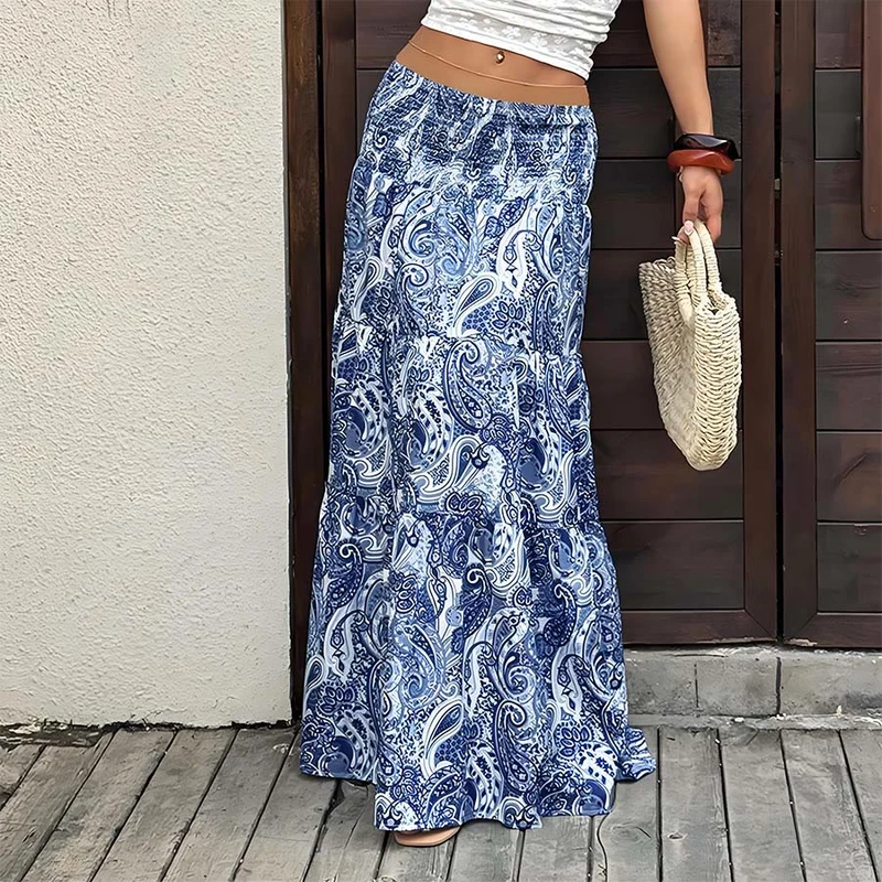 Olivenorma Boho-Maxikleid mit Paisley-Print, hoher Taille, gerafftem Saum und Stufenrock für Damen
