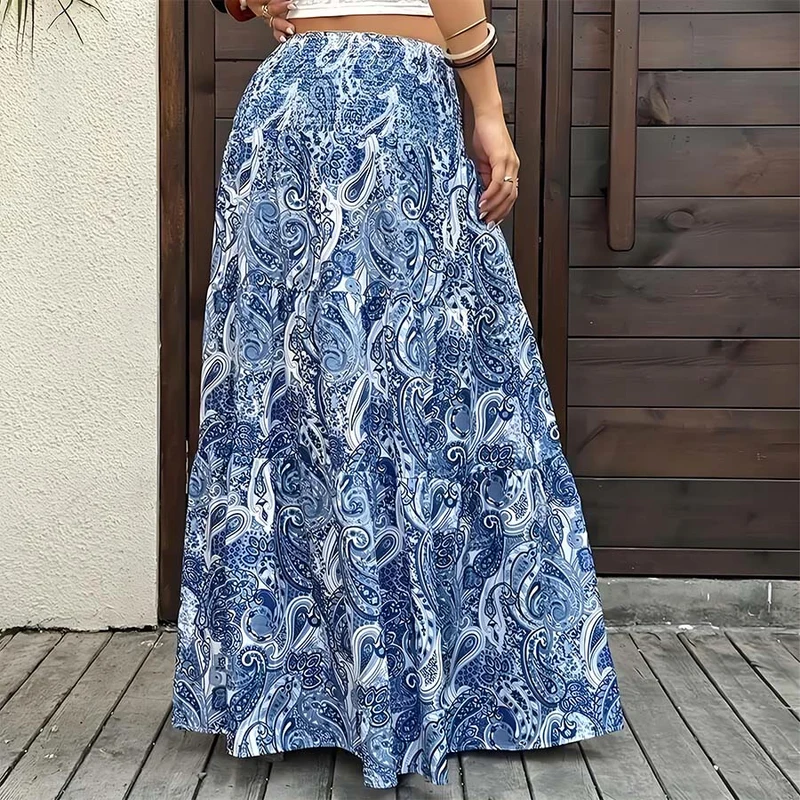 Olivenorma Boho-Maxikleid mit Paisley-Print, hoher Taille, gerafftem Saum und Stufenrock für Damen