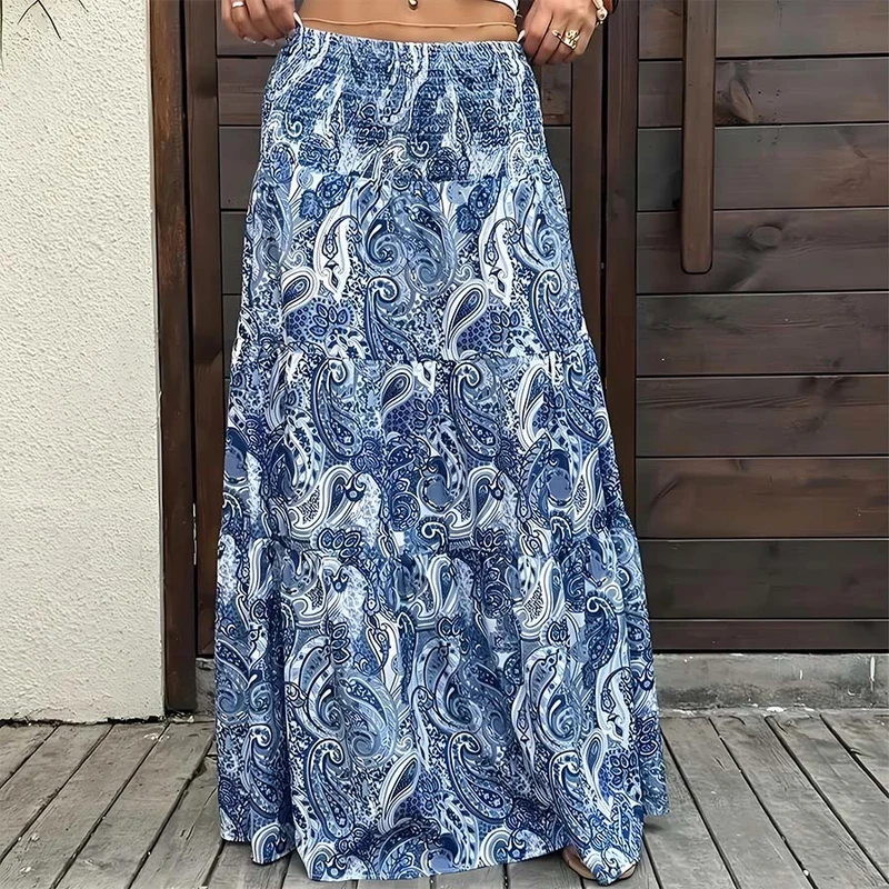 Olivenorma Boho-Maxikleid mit Paisley-Print, hoher Taille, gerafftem Saum und Stufenrock für Damen
