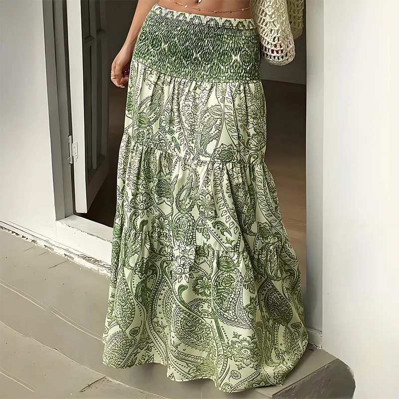 Olivenorma Boho-Maxikleid mit Paisley-Print, hoher Taille, gerafftem Saum und Stufenrock für Damen