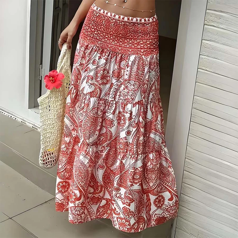 Olivenorma Boho-Maxikleid mit Paisley-Print, hoher Taille, gerafftem Saum und Stufenrock für Damen