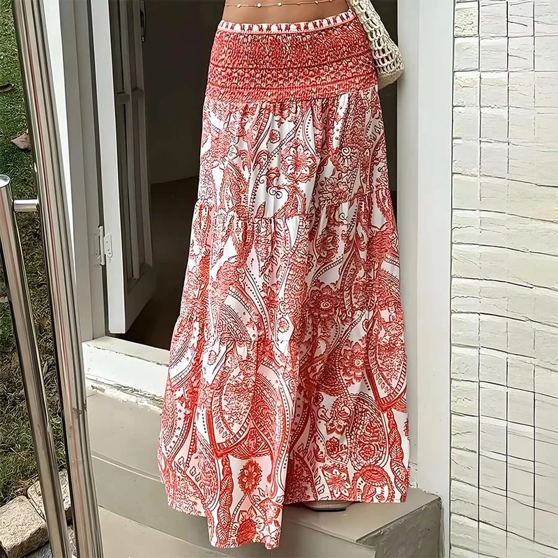 Olivenorma Boho-Maxikleid mit Paisley-Print, hoher Taille, gerafftem Saum und Stufenrock für Damen