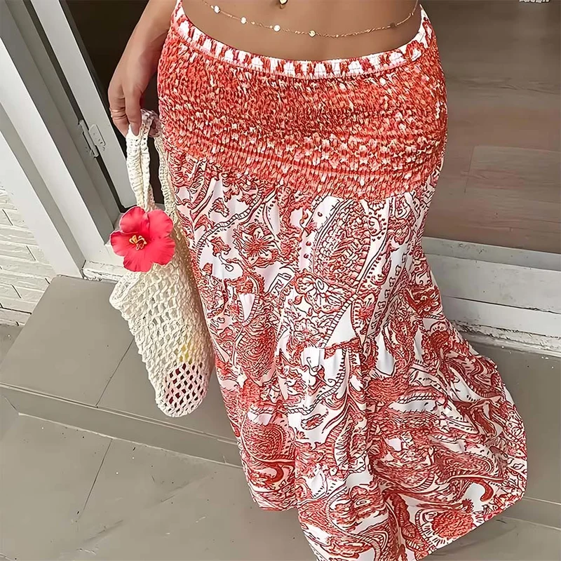 Olivenorma Boho-Maxikleid mit Paisley-Print, hoher Taille, gerafftem Saum und Stufenrock für Damen