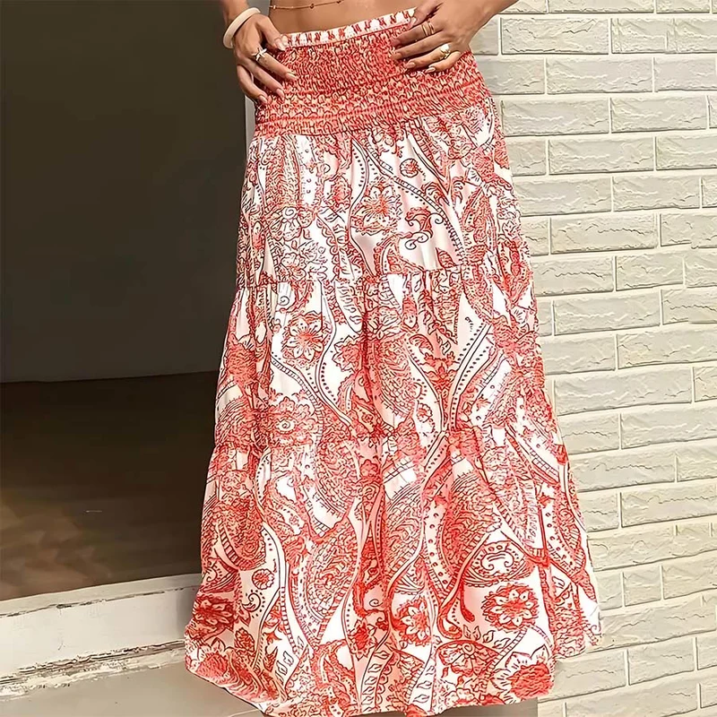 Olivenorma Boho-Maxikleid mit Paisley-Print, hoher Taille, gerafftem Saum und Stufenrock für Damen