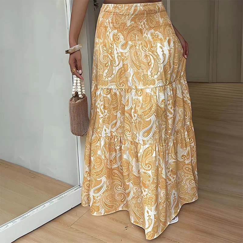Olivenorma Boho-Maxikleid mit Paisley-Print, hoher Taille, gerafftem Saum und Stufenrock für Damen