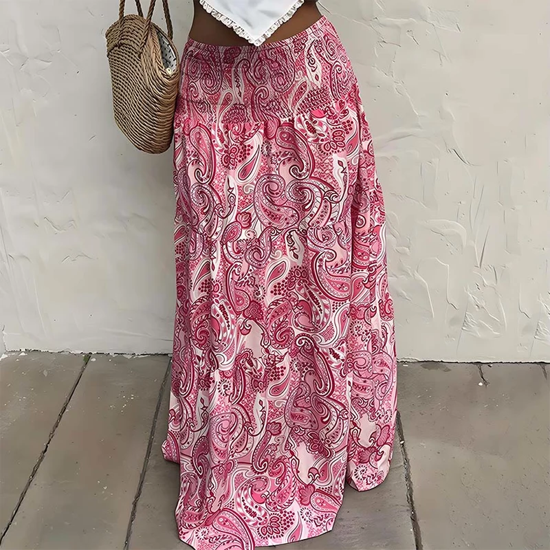 Olivenorma Boho-Maxikleid mit Paisley-Print, hoher Taille, gerafftem Saum und Stufenrock für Damen