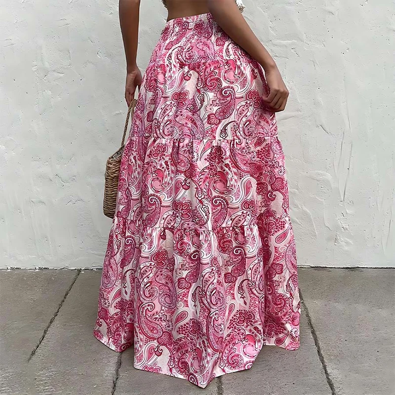 Olivenorma Boho-Maxikleid mit Paisley-Print, hoher Taille, gerafftem Saum und Stufenrock für Damen