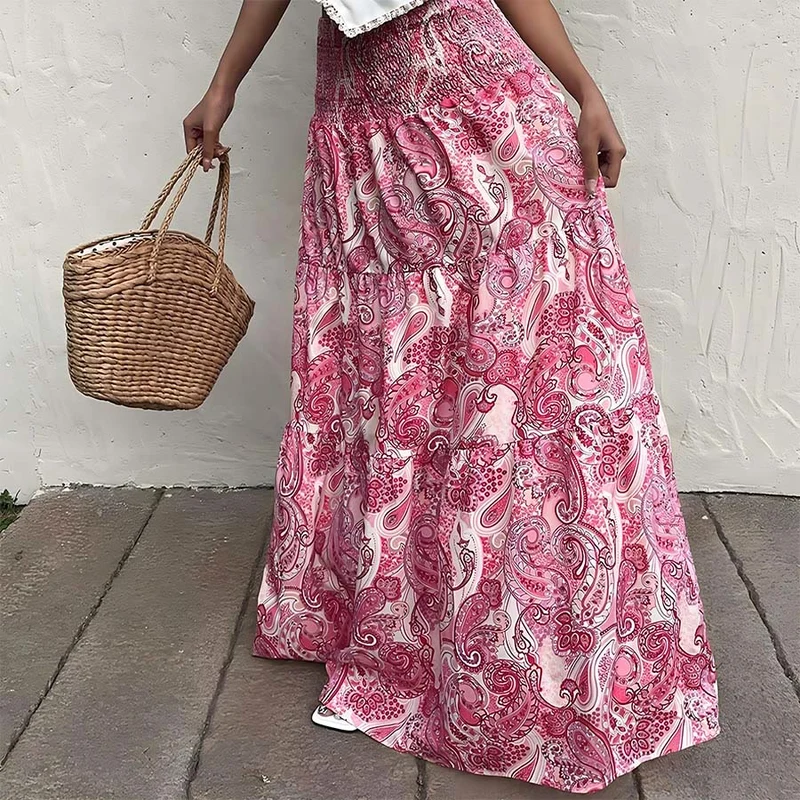 Olivenorma Boho-Maxikleid mit Paisley-Print, hoher Taille, gerafftem Saum und Stufenrock für Damen