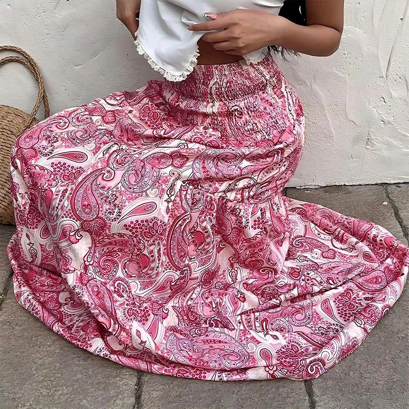 Olivenorma Boho-Maxikleid mit Paisley-Print, hoher Taille, gerafftem Saum und Stufenrock für Damen