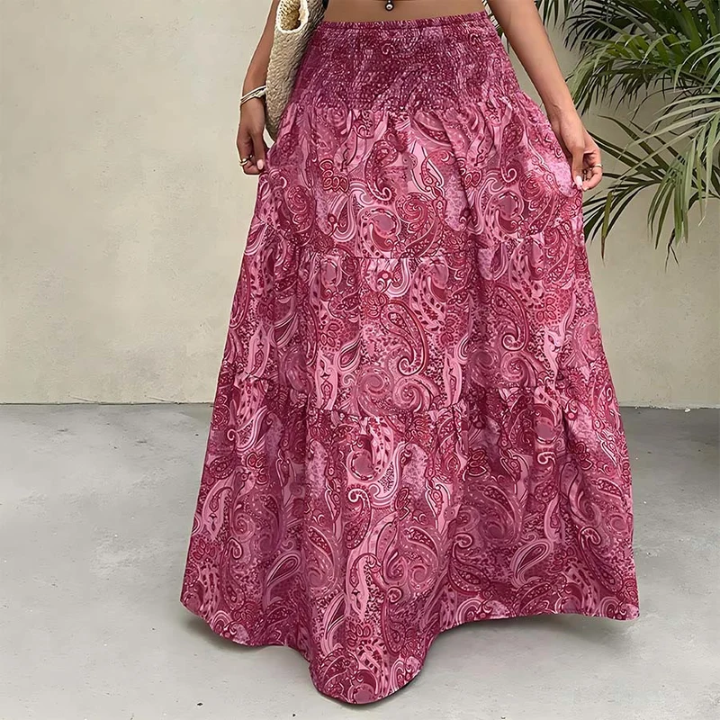 Olivenorma Boho-Maxikleid mit Paisley-Print, hoher Taille, gerafftem Saum und Stufenrock für Damen
