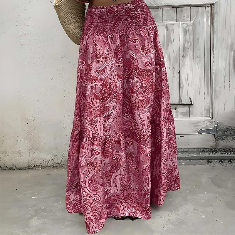 Olivenorma Boho-Maxikleid mit Paisley-Print, hoher Taille, gerafftem Saum und Stufenrock für Damen