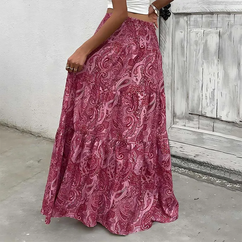 Olivenorma Boho-Maxikleid mit Paisley-Print, hoher Taille, gerafftem Saum und Stufenrock für Damen