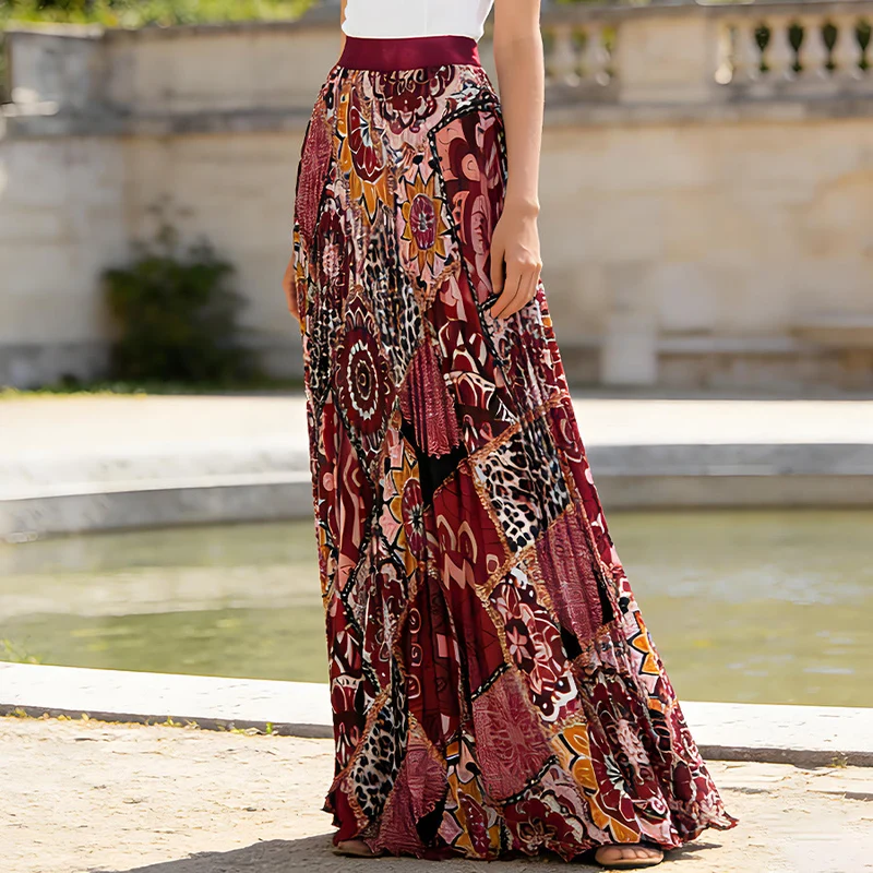Olivenorma Boho-Maxikleid mit Patchwork-Print, hoher Taille und Falten