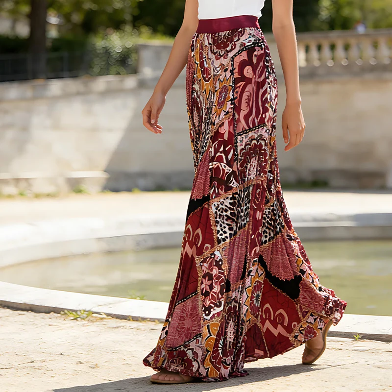 Olivenorma Boho-Maxikleid mit Patchwork-Print, hoher Taille und Falten