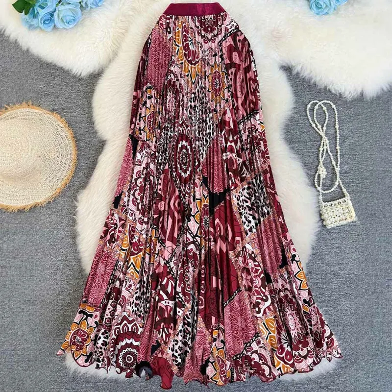 Olivenorma Boho-Maxikleid mit Patchwork-Print, hoher Taille und Falten